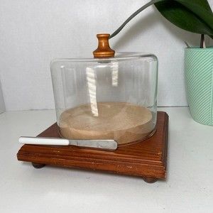 NEW Vintage Cheese Tray Glass Dome, Knife, Removable Cutting Board, Stainless